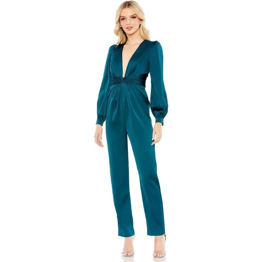 Mac Duggal 2647 Teal Satin Deep V-Neck Long Sleeve Wide Leg Jumpsuit